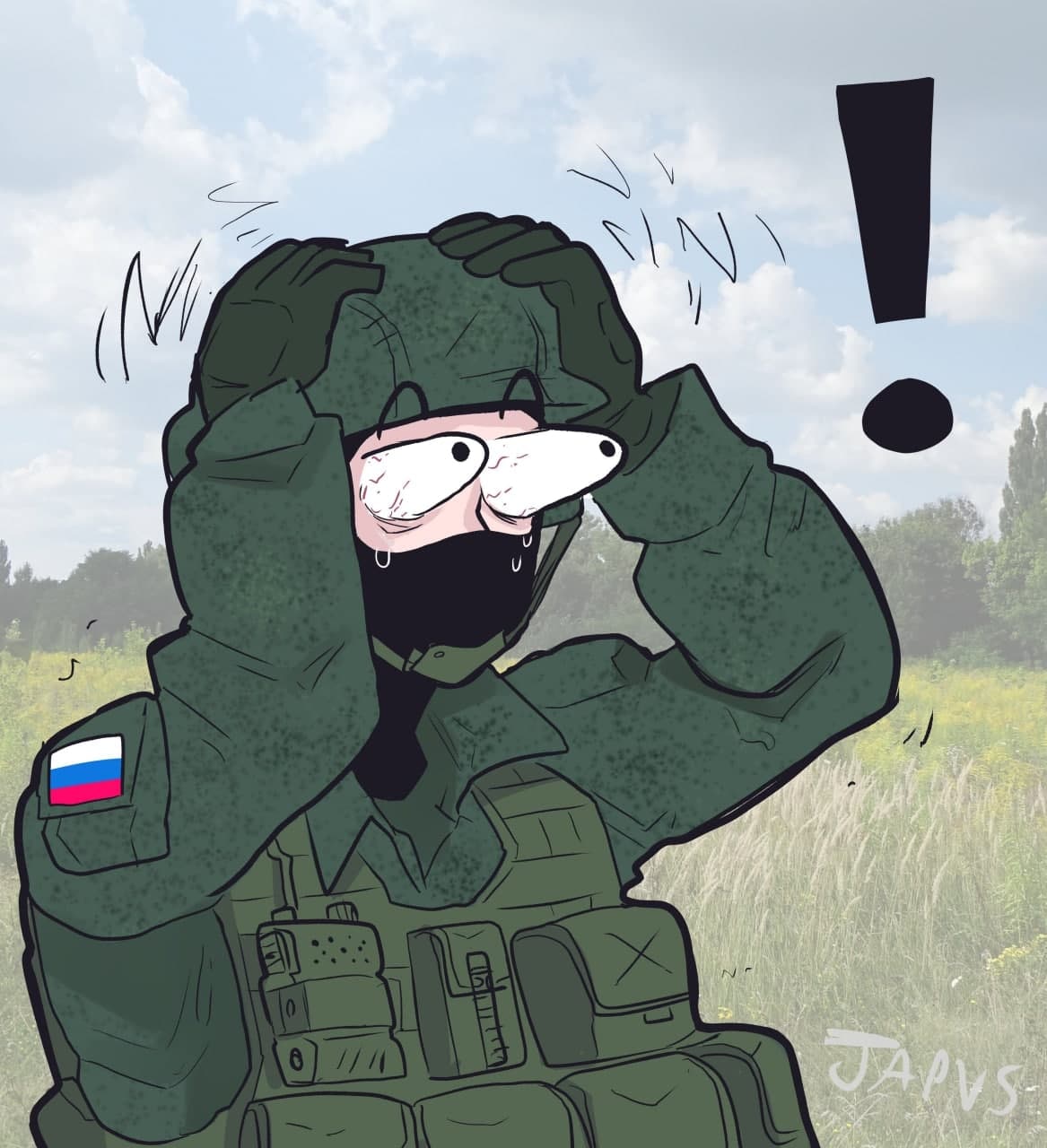Русский солдат в панике Российский солдат в панике, с руками у головы и выпученными глазами, на фоне поля