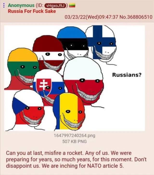 Russians? Мем про страны восточной Европы, которые хотят, чтобы Россия случайно запустила ракету в них, чтобы спровоцировать активацию статьи 5 НАТО