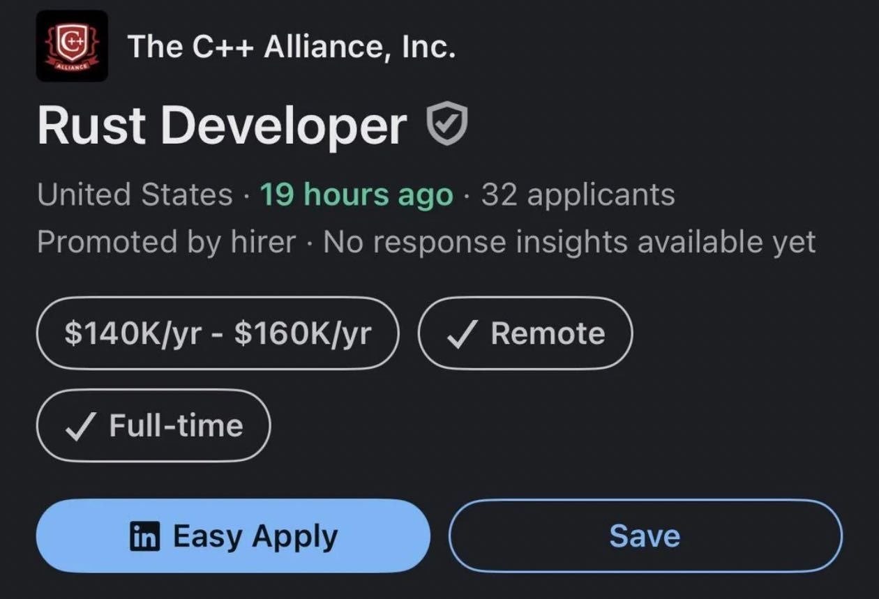 Скриншот вакансии Rust Developer от The C++ Alliance, Inc. на LinkedIn с зарплатой $140K–$160K и удалёнкой