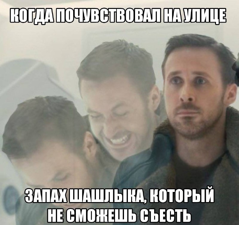 Райан Гослинг и запах шашлыка Райан Гослинг грустит от запаха шашлыка, который нельзя съесть, пока его внутреннее "я" ликует