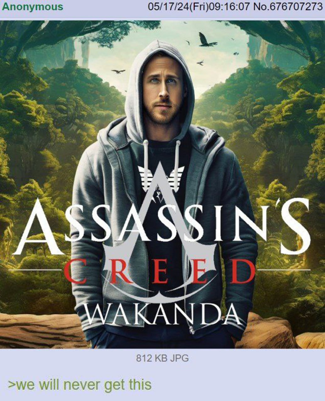 Райан Гослинг в Assassin's Creed Wakanda Райан Гослинг в образе ассасина на фоне Ваканды