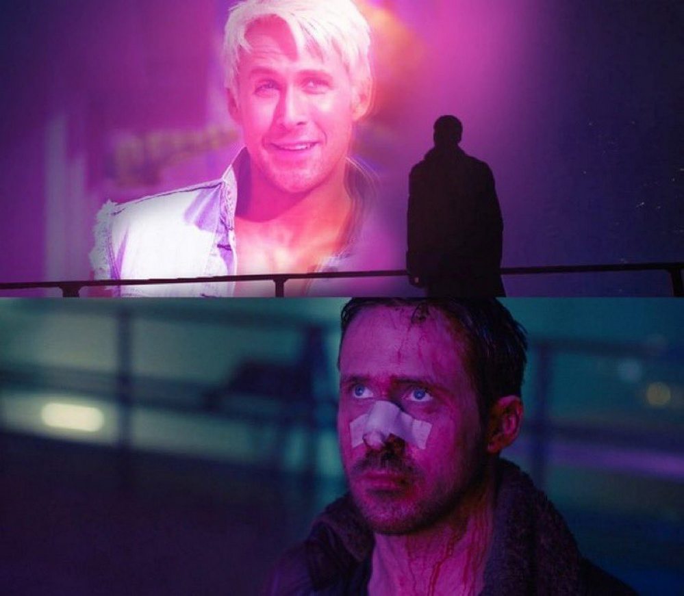 Райан Гослинг в «Бегущий по лезвию 2049» Райан Гослинг из фильма «Бегущий по лезвию 2049» на рекламном щите и в реальной жизни
