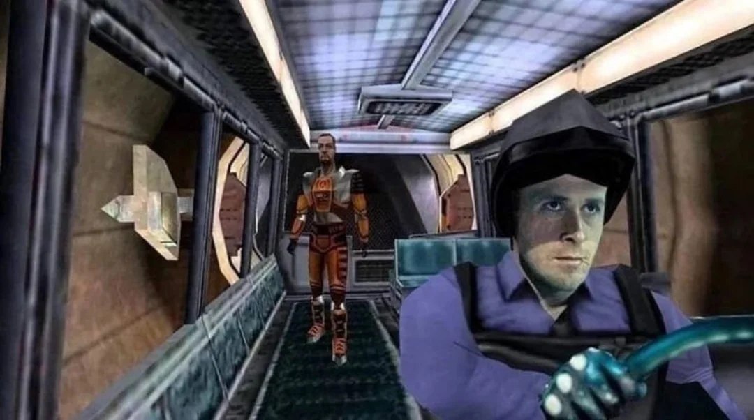 Райан Гослинг за рулем трамвая Half-Life Райан Гослинг за рулем трамвая из Half-Life, а Гордон Фримен идет по коридору