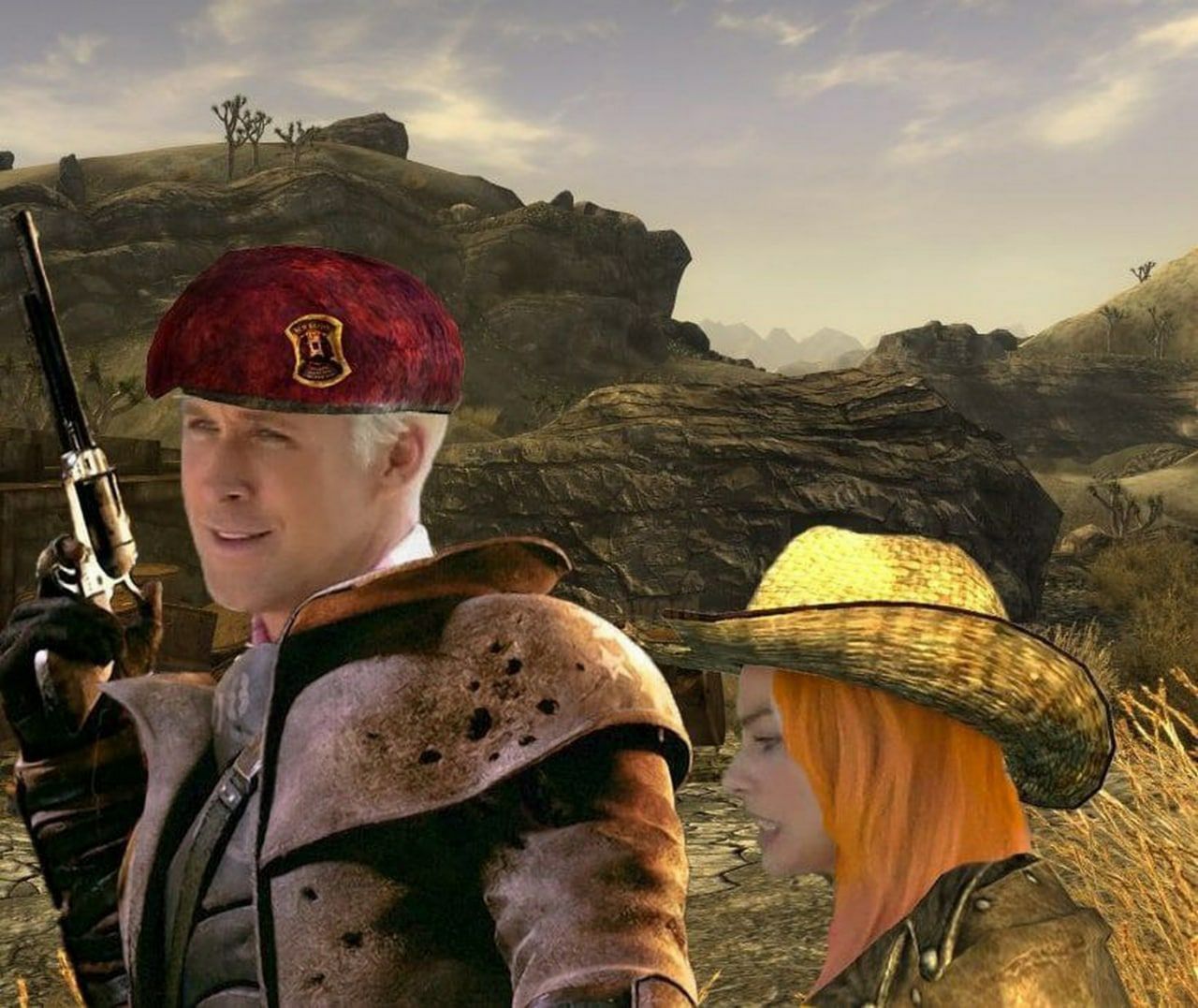 Райан Гослинг и Марго Робби в Fallout: New Vegas Мем с Райаном Гослингом и Марго Робби в сеттинге игры Fallout: New Vegas