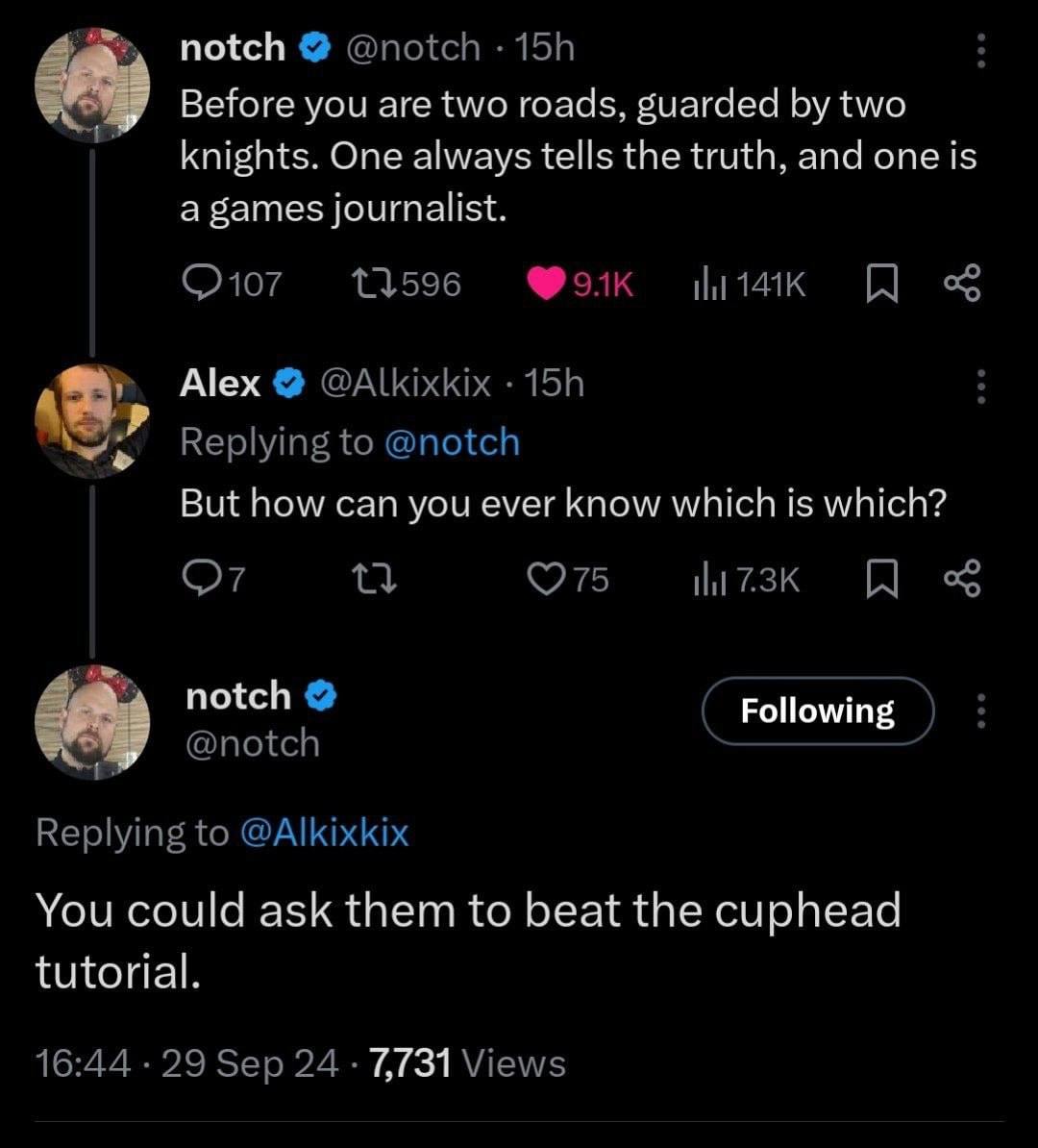 Рыцарь и игровой журналист Скриншот из Твиттера, на котором пользователь @notch описывает загадку с двумя дорогами и двумя рыцарями, один из которых всегда говорит правду, а другой является игровым журналистом. В ответ на вопрос "Как узнать, кто из них кто?" он предлагает попросить их пройти обучение в Cuphead.