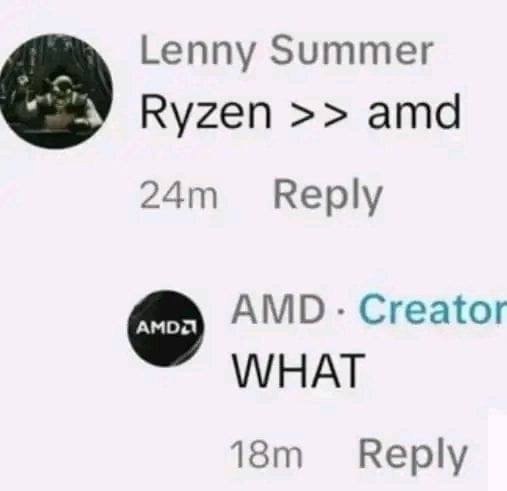 Ryzen лучше AMD Мем "Ryzen лучше AMD" со скриншотом комментария, где пользователь утверждает, что Ryzen превосходит AMD, а официальный аккаунт AMD удивляется этому заявлению.