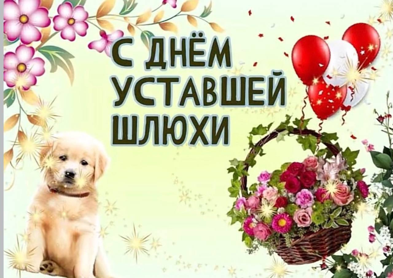Открытка с щенком, цветами и надписью «С днём уставшей шлюхи»