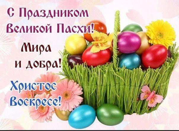 С праздником Великой Пасхи! Мира и добра! Христос Воскресе! Пасхальная корзина с разноцветными яйцами, цветами и бабочкой, надпись «С праздником Великой Пасхи! Мира и добра! Христос Воскресе!»