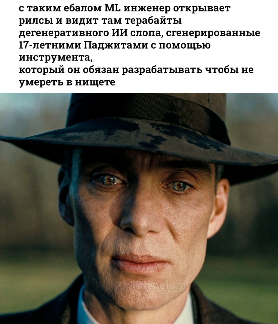 С таким ебалом ML инженер МЛ инженер с таким ебалом открывает рилсы и видит терабайты дегенеративного ИИ слопа