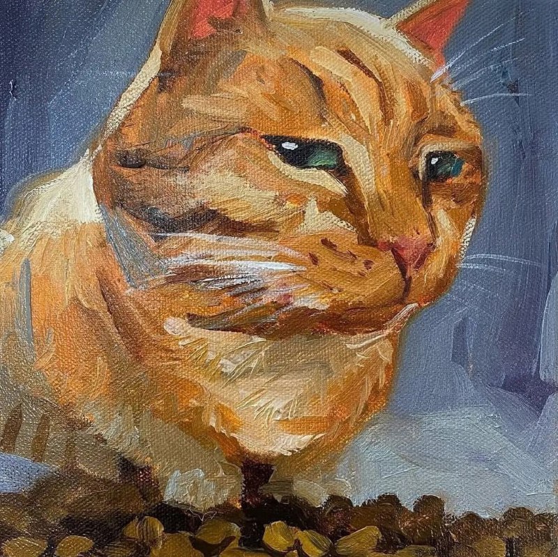 Грустный кот на картине Кот из мема "Грустный кот", выполненный маслом на холсте. На картине изображен рыжий кот с зелеными глазами, который грустно смотрит на миску с кормом, полный разочарования.