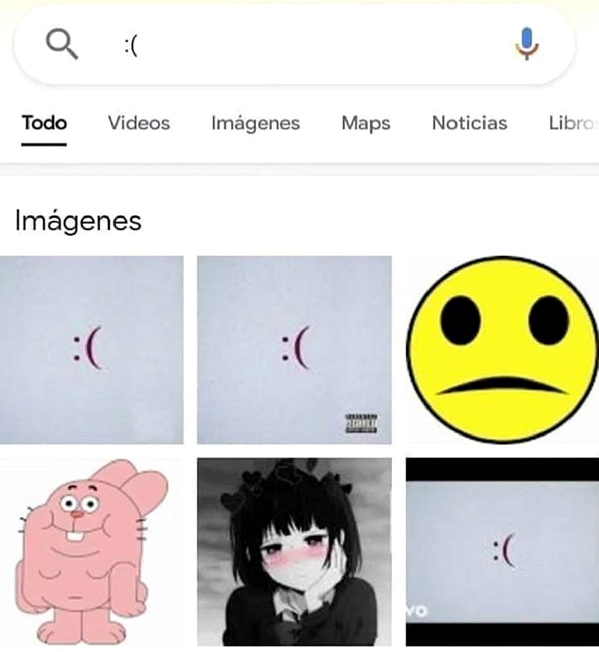 Смайлик :( Скриншот Google-поиска, где пользователь ищет смайлик «:(» и получает забавные результаты.