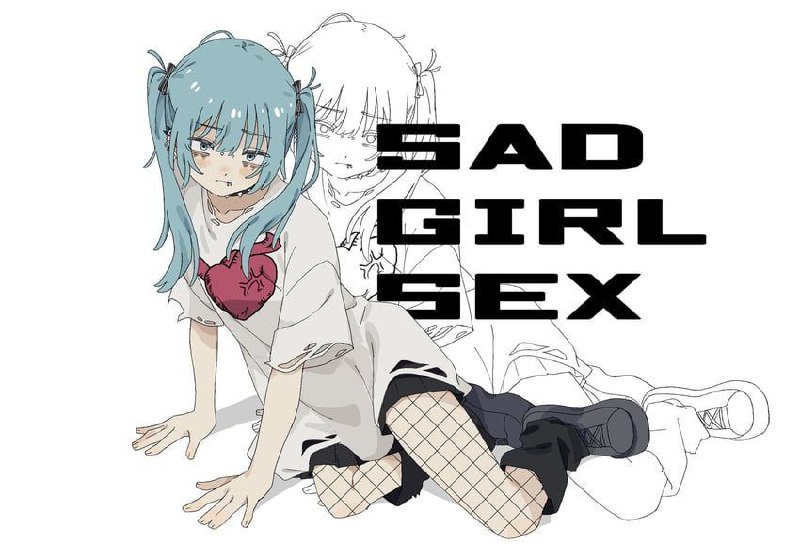Грустная аниме-девушка в откровенной позе с надписью «SAD GIRL SEX»