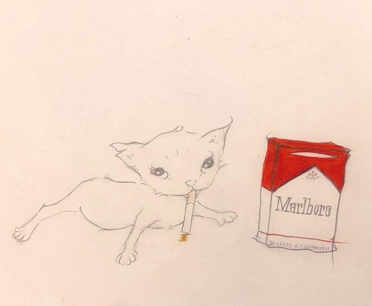 Грустный котенок с сигаретой и Marlboro Рисунок котенка с сигаретой и пачкой Marlboro