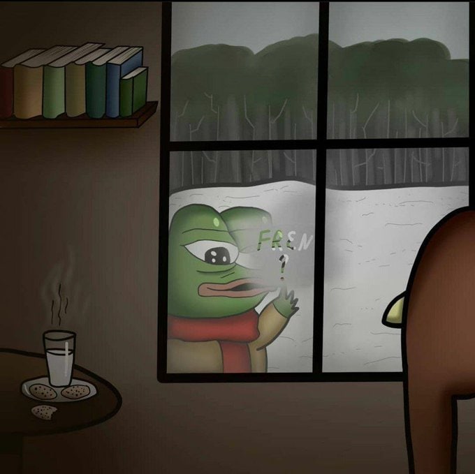 Грустный Пепе за окном Грустный Пепе за окном зимой, спрашивающий "FREN ?"