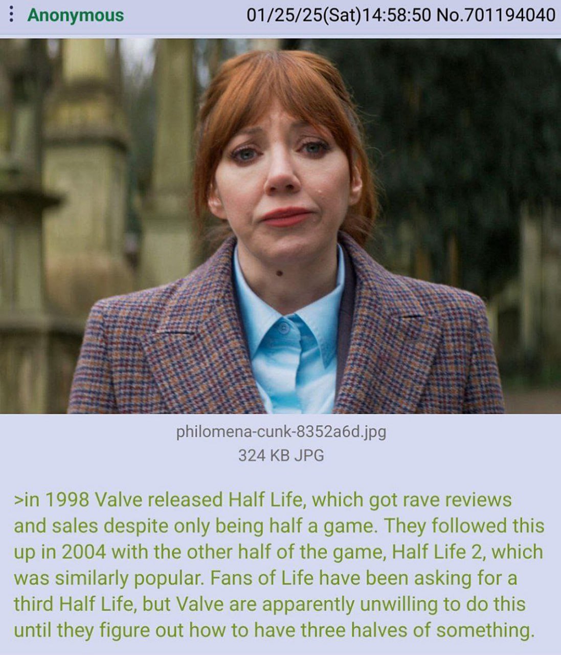 Грустная женщина Half Life Грустная женщина из сериала «Filomena Cunk» и текст о Half Life