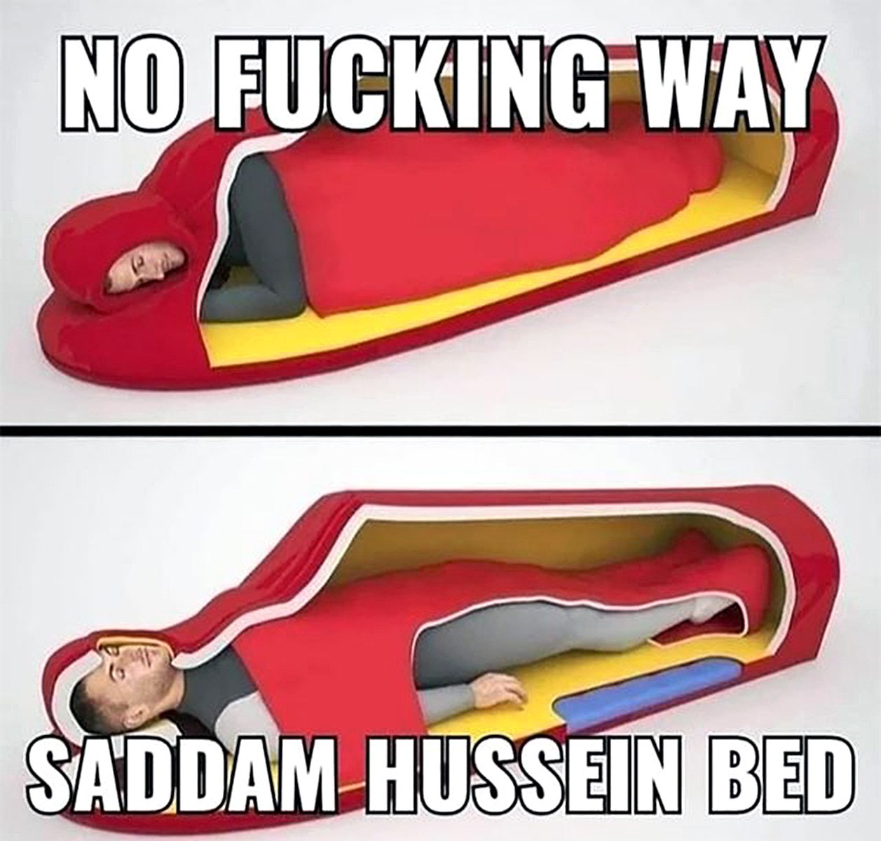 Saddam Hussein bed Мем с человеком, спящим в красной "кровати Саддама Хусейна", похожей на гроб.
