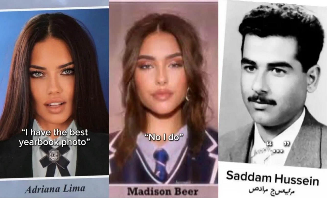 Saddam Hussein yearbook photo Мем с Адрианой Лимой, Мэдисон Бир и Саддамом Хусейном, сравнивающими свои фото из выпускного альбома.