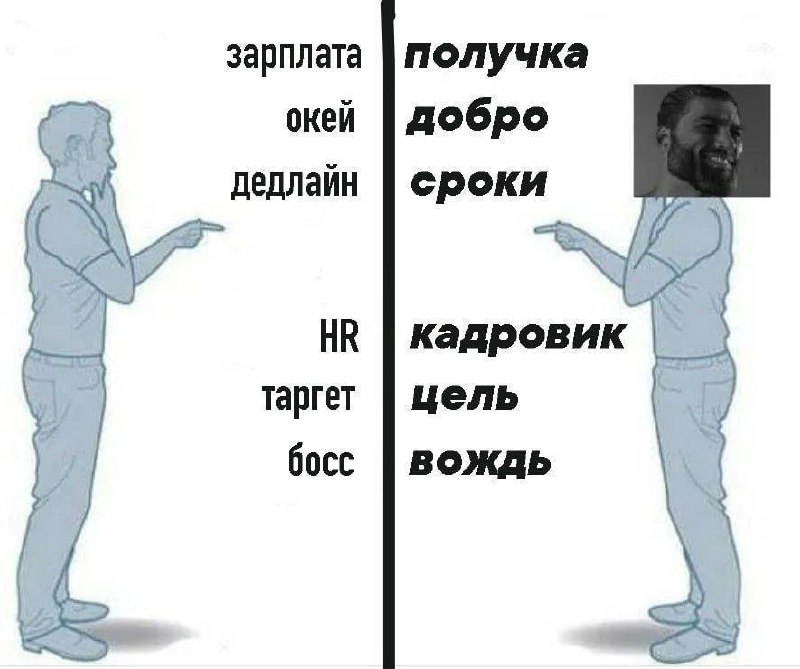 Зарплата или получка Мем "Зарплата или получка", где два человека указывают на столбец слов, одно из которых представлено на современном деловом сленге, а другое на "старорусском" или "настоящем" языке. Лицо одного из них закрыто головой гигачада.