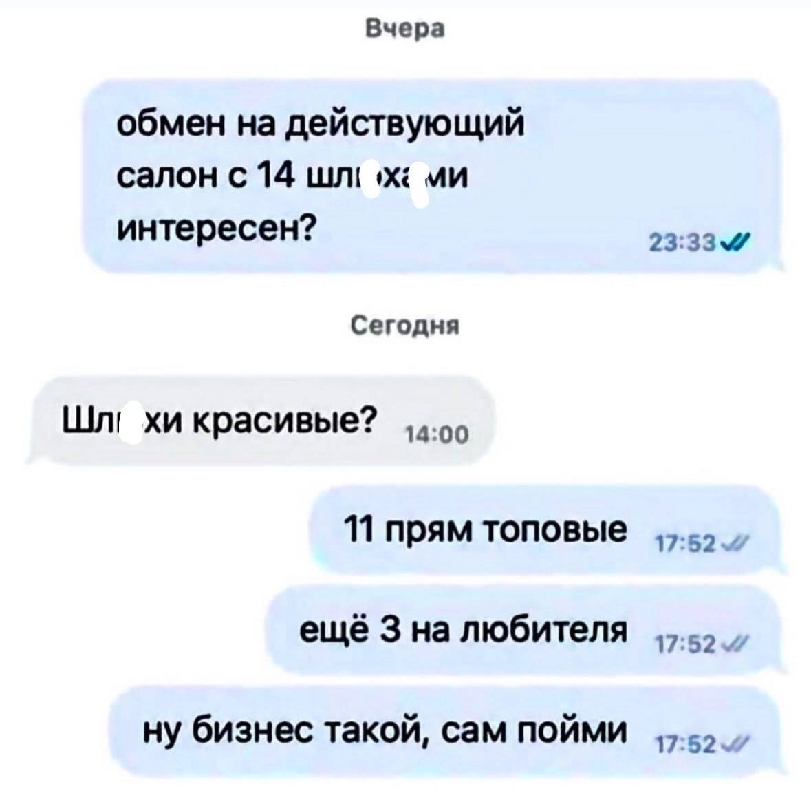 Салон с 14 женщинами Скриншот переписки, где один человек предлагает обмен на салон с 14 женщинами, а другой спрашивает, красивые ли они, и получает ответ о 11 топовых и 3 на любителя, а также фразу «ну бизнес такой, сам пойми».