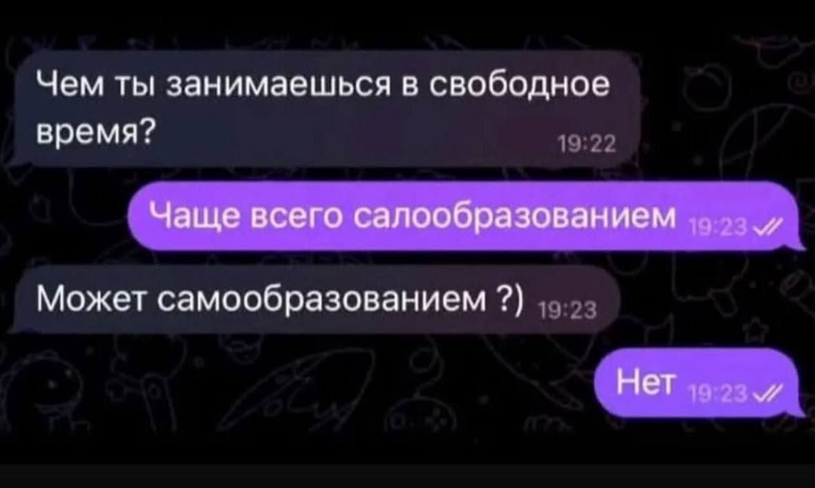 Салообразованием Скриншот переписки, в которой один пользователь спрашивает другого, чем он занимается в свободное время. В ответ ему прилетает «салообразованием», затем уточнение «Может самообразованием?)», на которое следует отрицательный ответ.
