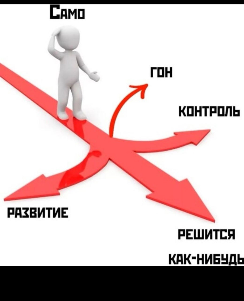 Сам, Гон, Контроль, Развитие, Решится как-нибудь Человечек на перекрестке с указателями на "Гон", "Контроль", "Развитие" и "Решится как-нибудь".