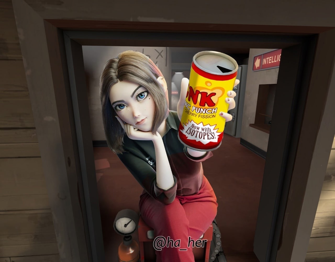 Samsung Sam с Bonk! Atomic Punch Виртуальная помощница Samsung Sam с банкой Bonk! Atomic Punch из Team Fortress 2
