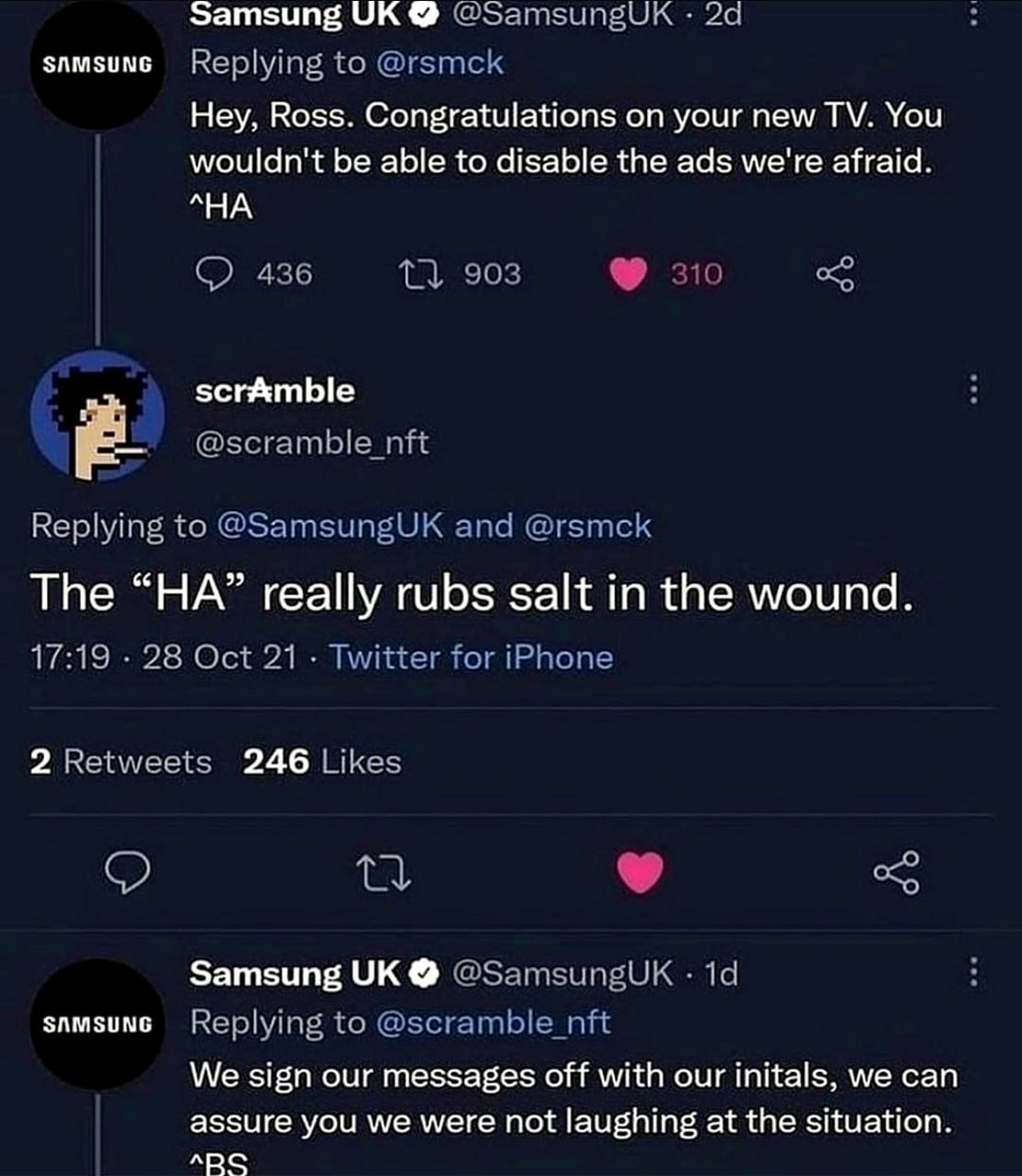 Samsung UK HA Переписка в Твиттере между Samsung UK и пользователем о рекламе на телевизоре Samsung, где Samsung UK отвечает на твит пользователя, говоря, что они не могут отключить рекламу, и добавляют "HA", а затем извиняются за это.