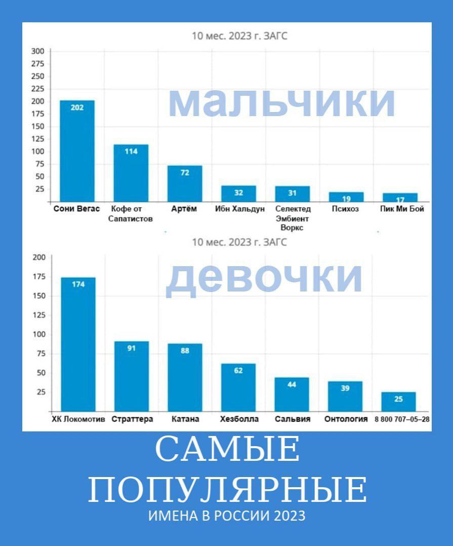 Самые популярные имена в России 2023 График "Самые популярные имена в России 2023", показывающий необычные и выдуманные имена, выданные за реальные статистические данные ЗАГС.