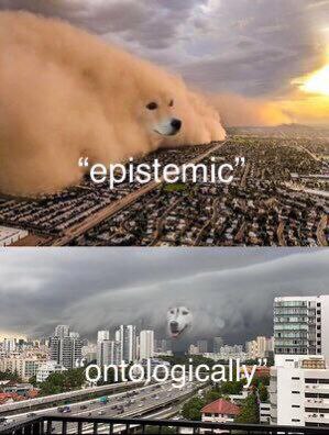 Мем про песчаную бурю с головой собаки и словами "epistemic" и "ontologically" Мем, где песчаная буря и грозовое облако выглядят как собаки, с подписями "epistemic" и "ontologically"