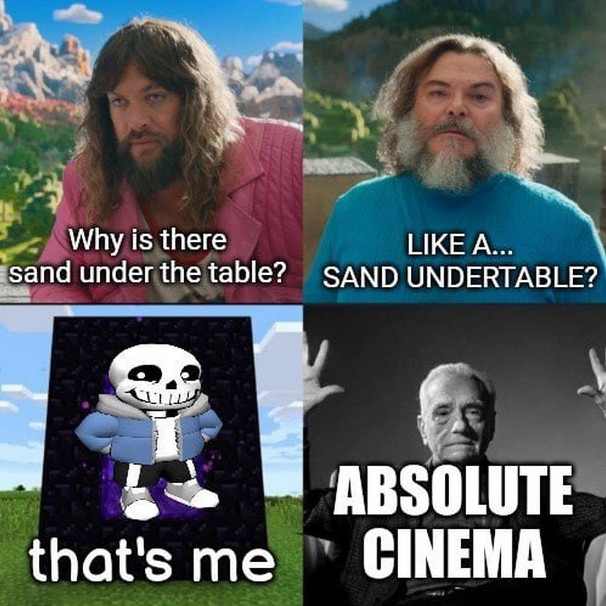Sand Undertable Minecraft Sans Мем с Джейсоном Момоа, Джеком Блэком, Сансом из Андертейла и Мартином Скорсезе, обсуждающими «песок под столом»