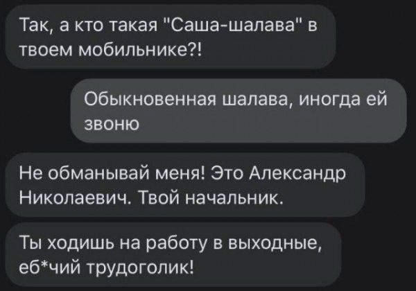 Саша-шалава твой начальник Переписка в мессенджере, где спрашивают про контакт "Саша-шалава", а оказывается, что это начальник.