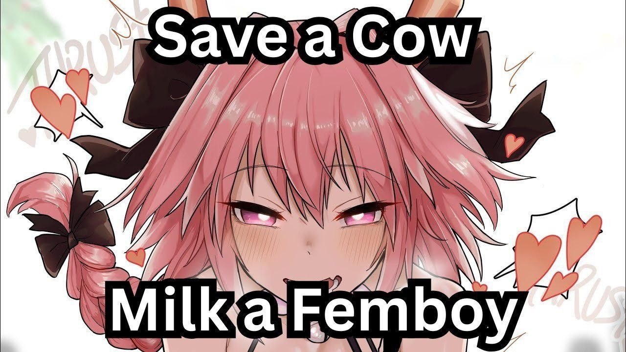 Розоволосый аниме-персонаж в образе милой коровы с надписями «Save a Cow» и «Milka Femboy».