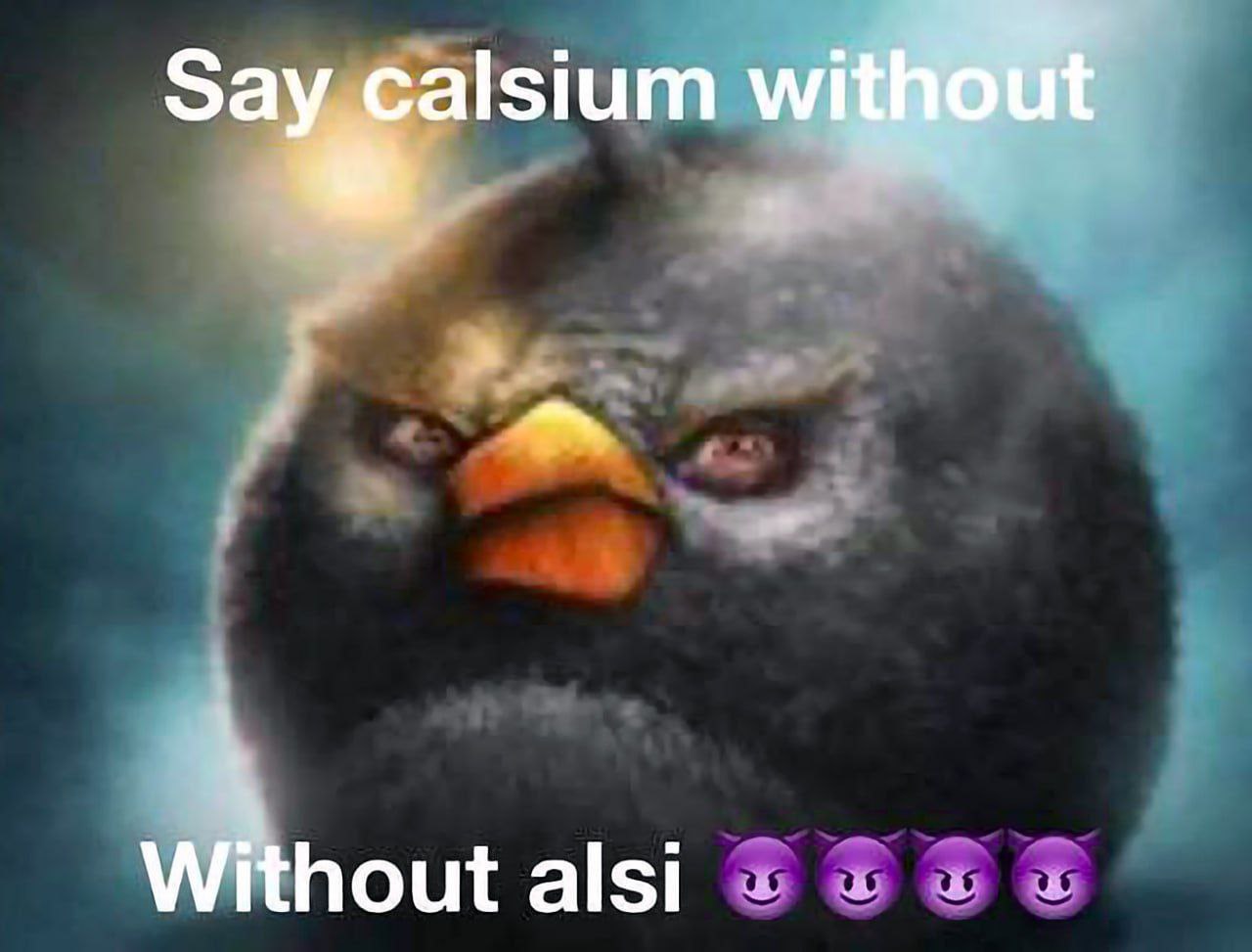 Say calsium without Мем со злой чёрной птицей Бомбом из игры Angry Birds, который спрашивает: «Скажи кальций без „алси“»