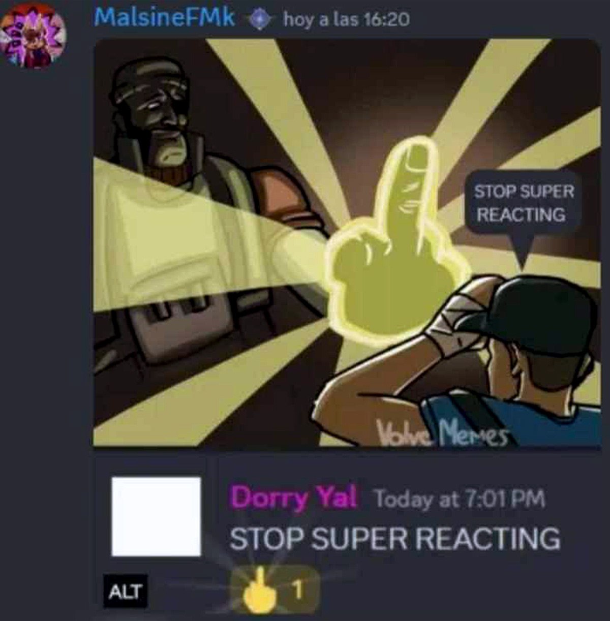 Мем со скаутом и надписью Stop super reacting Мем с Демоманом, показывающим Скауту светящийся средний палец и надписью «Stop super reacting»
