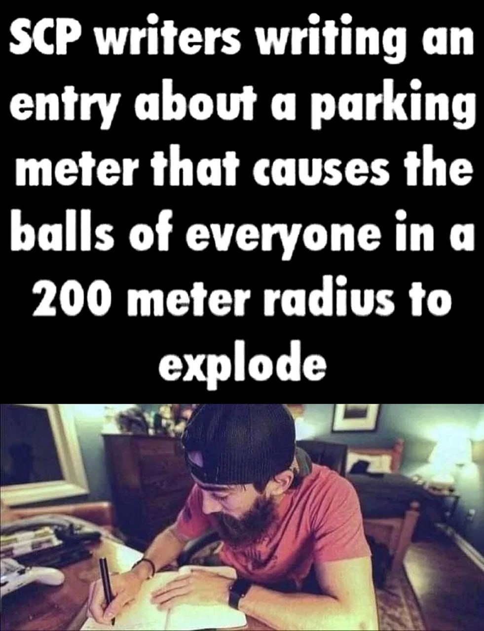 SCP writers writing an entry about a parking meter Писатели SCP пишут запись о парковочном счётчике, который заставляет взрываться яички у всех в радиусе 200 метров