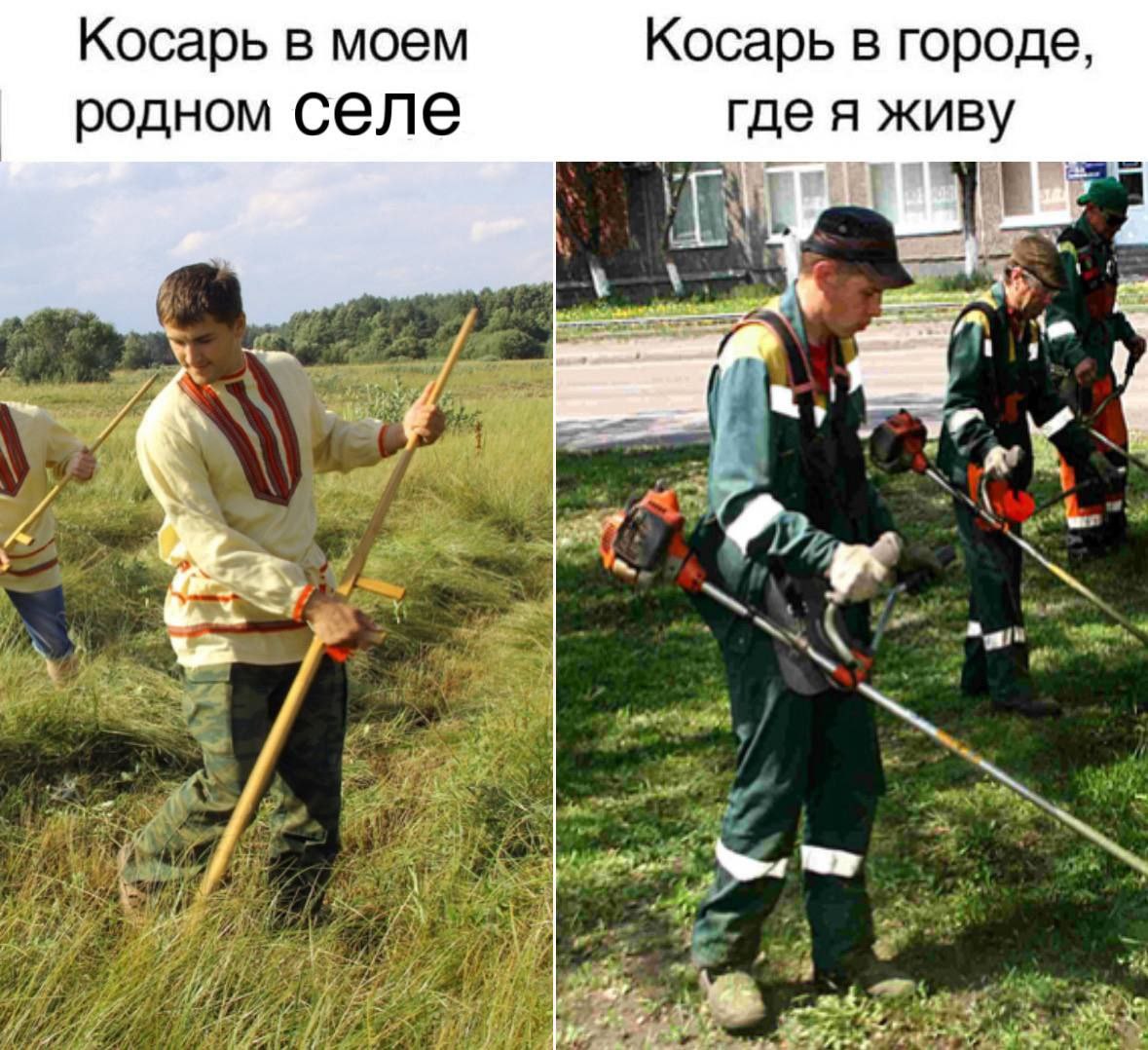 Косарь в моем родном селе / Косарь в городе, где я живу Сравнение косарей: в деревне косят вручную, а в городе триммером