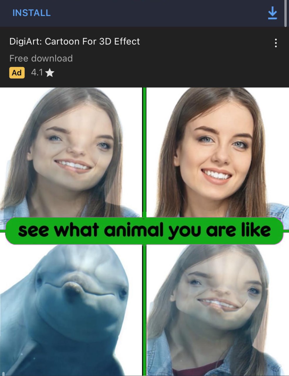 See what animal you are like Рекламный баннер приложения DigiArt с трансформацией лица женщины в морду дельфина
