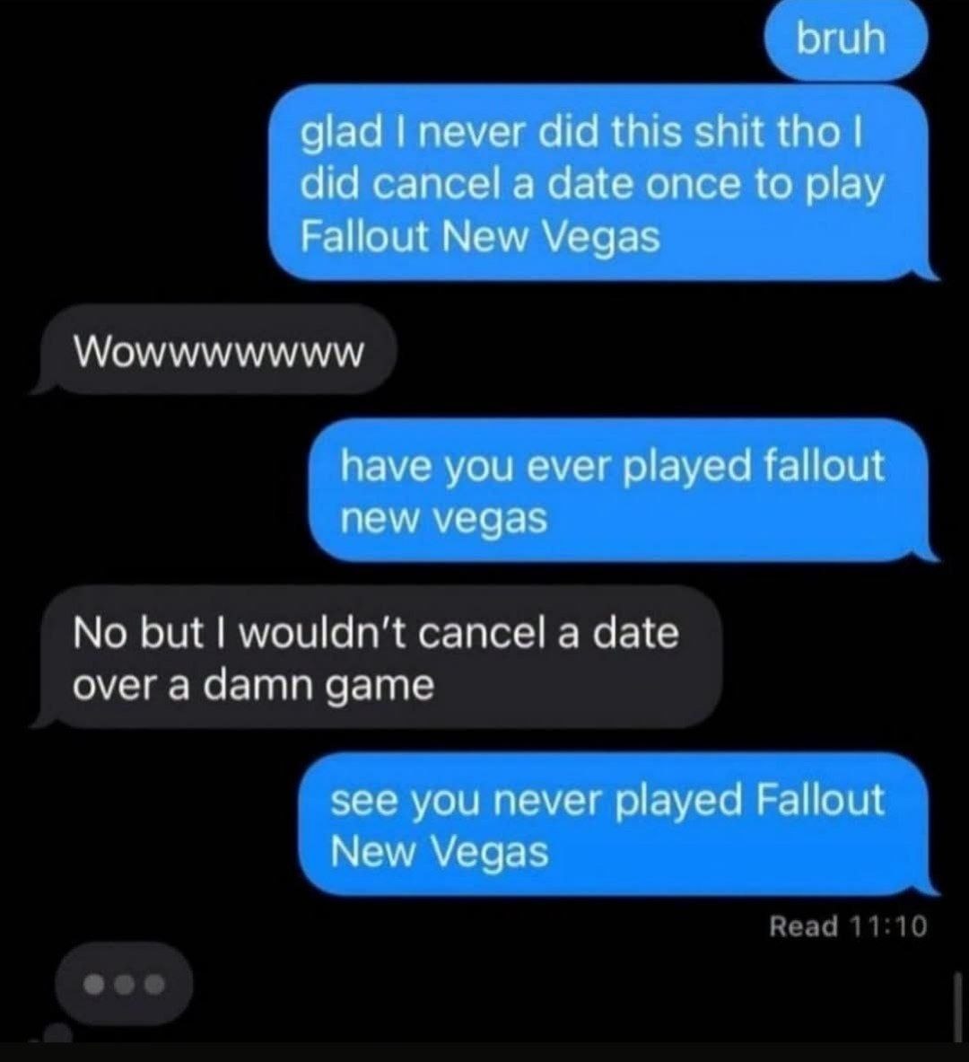 Переписка о человеке, который отменил свидание ради Fallout: New Vegas, и о том, что настоящий фанат игры поймёт такой выбор