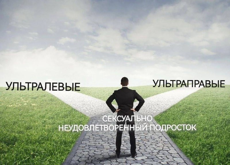 Сексуально неудовлетворённый подросток на распутье Бизнесмен стоит на распутье двух дорог, которые расходятся в разные стороны. Над одной дорогой написано «ультралевые», над другой — «ультраправые». Посередине между дорогами стоит подпись «сексуально неудовлетворённый подросток».