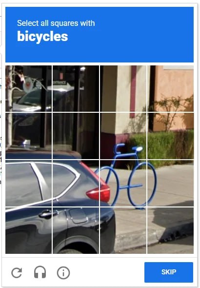 Капча reCAPTCHA с заданием выбрать все квадраты, на которых изображены велосипеды