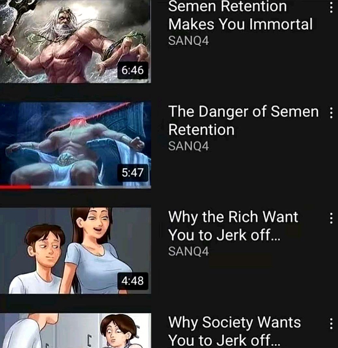 Semen Retention Makes You Immortal Мем про удержание семени и его влияние на бессмертие, с контрастирующими заголовками видео на YouTube.