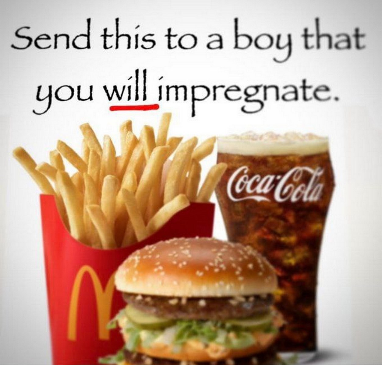 Send this to a boy that you will impregnate Мем с фразой "Send this to a boy that you will impregnate" и едой из Макдоналдса