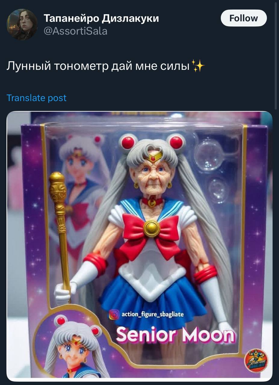 Senior Moon Кукла пожилой Сейлор Мун в коробке, которая похожа на оригинал. На коробке написано Senior Moon и призыв "Лунный тонометр дай мне силы!".