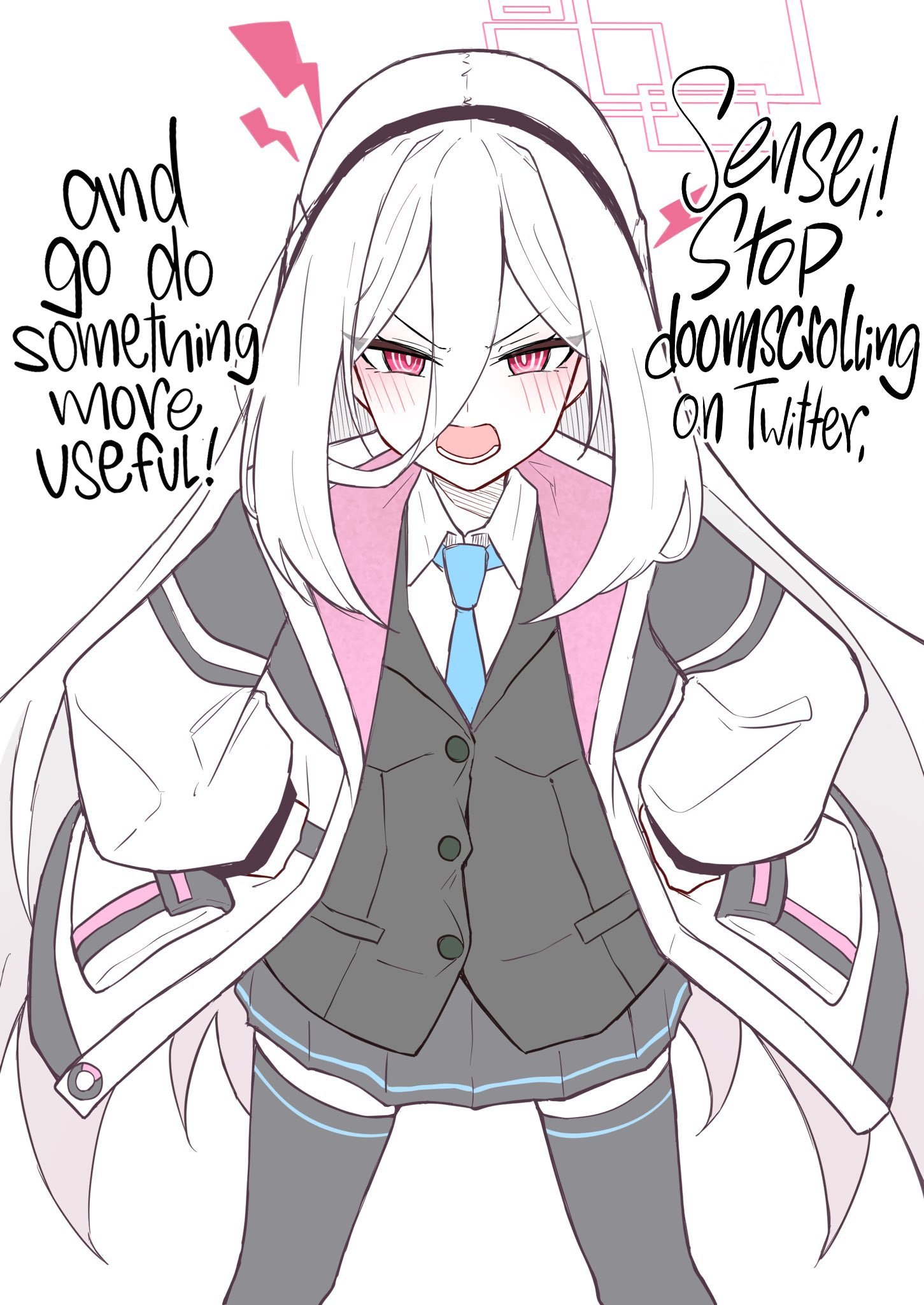Аниме-девушка сердито говорит: «Sensei! Stop doomscrolling on Twitter» и «and go do something more useful!».