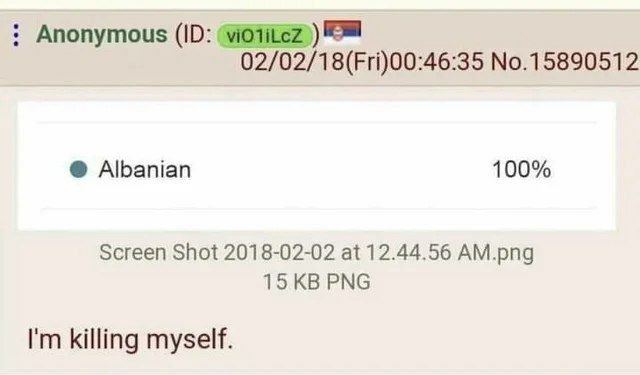 Серб 100% албанец Мем про серба, который на 100% албанец, и теперь хочет убить себя.