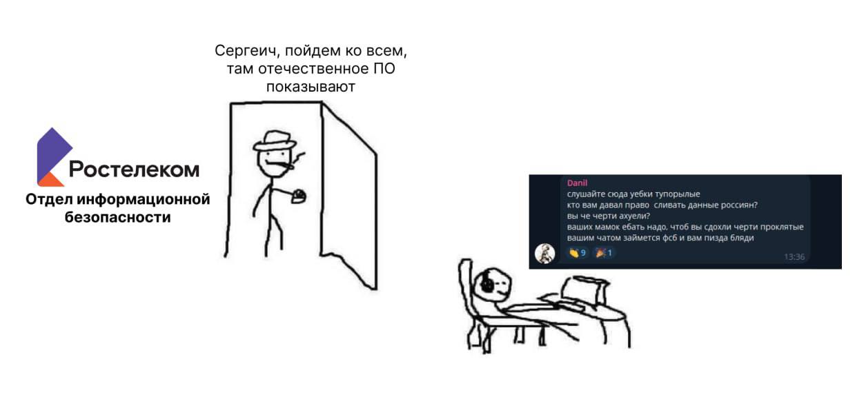 Сергеич, пойдем ко всем, там отечественное ПО показывают Мем про то, как один сотрудник зовет другого посмотреть отечественное ПО, в то время как пользователи жалуются на сливы данных и угрожают ФСБ, намекая на проблемы с информационной безопасностью у «Ростелекома».