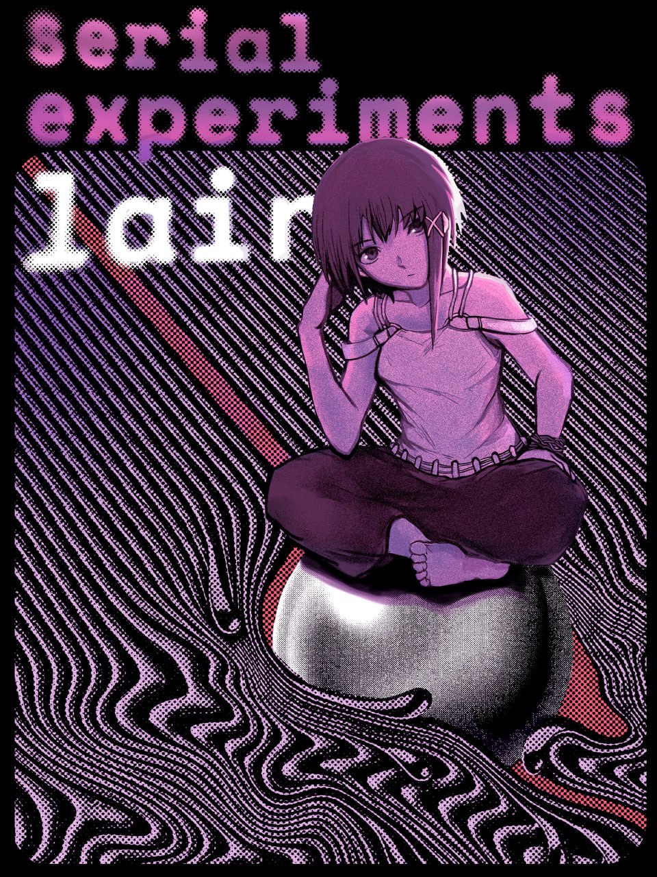 Лэйн Ивакура из аниме Serial Experiments Lain на психоделическом фиолетовом фоне