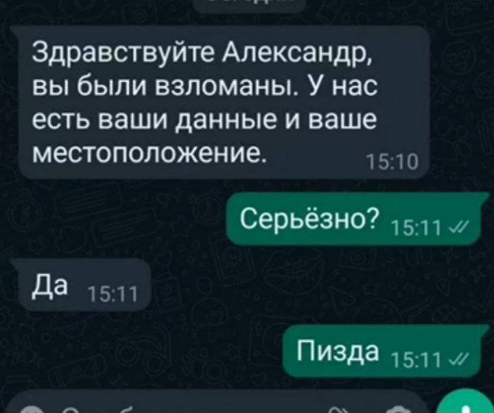 Серьёзно? Пизда Скриншот переписки в мессенджере, где пользователь Александр узнает о взломе и потере данных, а его реакция на подтверждение становится мемом.
