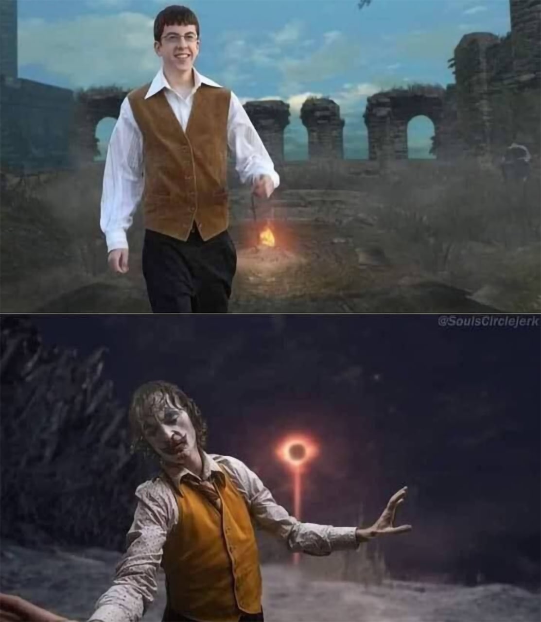 Сет из Superbad, а дальше Джокер из Dark Souls Мем с двумя кадрами, на верхнем из которых изображен Сет из фильма «Superbad» в образе героя из Dark Souls с факелом в руках, идущий по дороге к огню. На нижнем кадре изображен Джокер, который будто бы превратился в полого из Dark Souls.