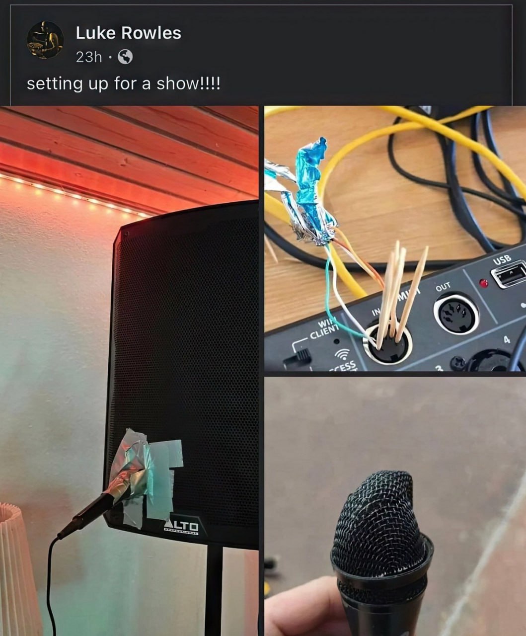 Setting up for a show Подготовка к выступлению с помощью подручных средств: поврежденный микрофон, провода и зубочистки